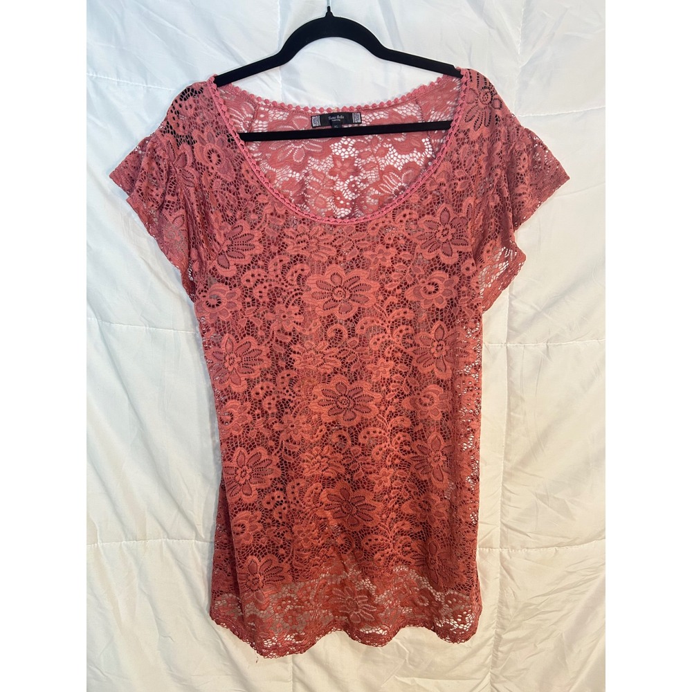Tutta Bella Maternity Lace Overlay Tunic Top Coral Pink XL Short‎ Sleeve V-Neck
